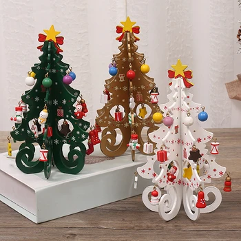 1 комплект зелено-червени дървени декорации за Коледната елха, украса от обемно джапанки под формата на елхички от шест части с висулки, подарък за деца