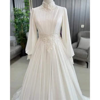 2023 Елегантно бяло мюсюлманската вечерна рокля с дълги ръкави и висока воротом, дантелени апликации, празнична рокля за специални случаи, тюлевое премяна