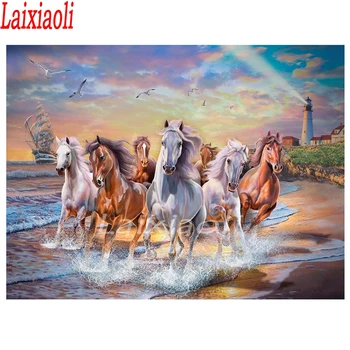 3D изображение на кон, движещ се край морето, мозайка, пълна с бродерия, боядисване с диаманти, боядисване, декорация от кристални мъниста