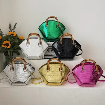6-цветен дамски чанта, златист, сребрист Вечер клатч За жени, брандираната чанта с бамбукова дръжка, чанта-тоут, чанта през рамо от изкуствена кожа, в чантата си-скитник