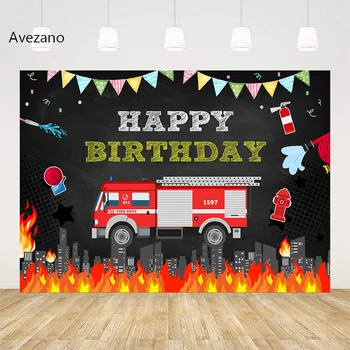 Avezano Happy Birthday Background Тема пожарна машина Firemen Boy Party Банер Декор Фон за снимки фотографско студио Photozone