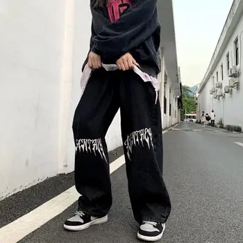 ins Дамски дънки с санскритским азбука в стил хип-хоп tide на марката y2k, прави панталони с уличната измиване в ретро стил, мъжки и дамски панталони tide
