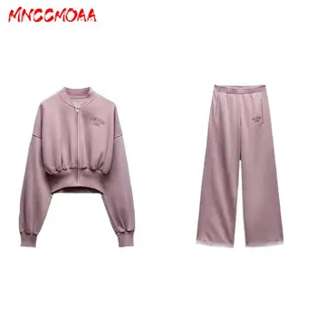 MNCCMOAA-Дамски Къс hoody с качулка, с кръгло деколте и дълъг ръкав и Комплект широки панталони за джогинг, Дамска мода, Есен, 2024
