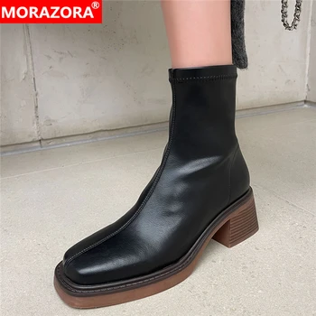 MORAZORA 2023 Нови Еластични Обувки Дамски обувки с цип на квадратен ток Черно-кафяви Ботильоны с квадратни пръсти Есенно-зимни дамски обувки