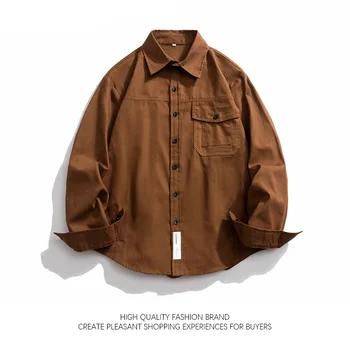 Американската работно облекло в стил ретро, мъжки есента на Свободна Ежедневни тъмно кафява блуза, Тенденция Проста Универсална риза-карго, яке