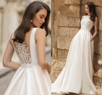Атласное сватбена рокля с прозрачна облегалка 2024, елегантна плажна принцеса рокля на булката копчета с аппликацией от мъниста, Vestido De Новия