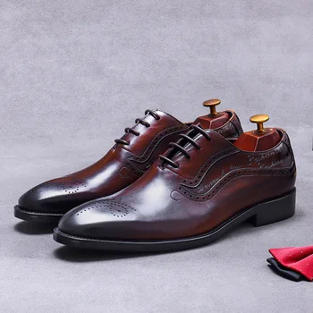 Британски мъжки модел обувки от естествена кожа, висококачествени оксфордские обувки са ръчно изработени от дантела с перфорации тип 