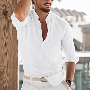 Гореща нова мъжки памучен бельо риза, свободна удобни ежедневни бельо однотонная риза за млади хора с висока яка