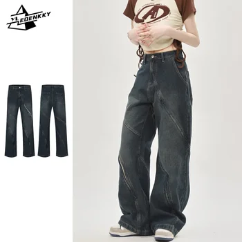 Градиентные дънки Harajuku Мъжки Женски каубойски панталони в стил хип-хоп в стил мозайка с цип, Улични выстиранные Порутената дънкови панталони всеки ден