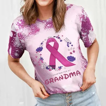 Женска тениска с принтом розова лента за превенция на рака на млечната жлеза, ежедневни тениска с кръгло деколте, широки дрехи с къс ръкав, Потници