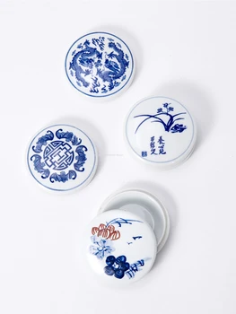 Керамична чиния за смесване на цветове с ръчно рисувани, бял декоративен модел, пет чинии, 1 капак, Тава за мастило, Инструмент за смесване на цветове керамични рисувани