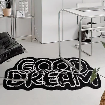 Килим за хола Good Dream с дълга дрямка, черно-бели букви, подложка за спални, подложка за коридор, подложка за пода, естетичен начало декор