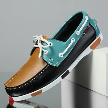 Кожени мъжки ежедневни обувки Модни обувки лодка в Англия Мъжки лоферы на равна подметка с шнур Класически мъжки обувки-лодка в британски стил