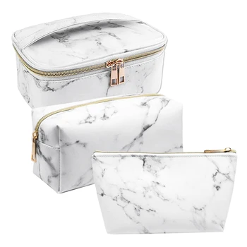Комплект от 3 опаковки на Мраморни козметични чанти Преносима чанта за тоалетни принадлежности, Водоустойчив калъф-органайзер за съхранение на четки за грим, Чанта за жени и момичета