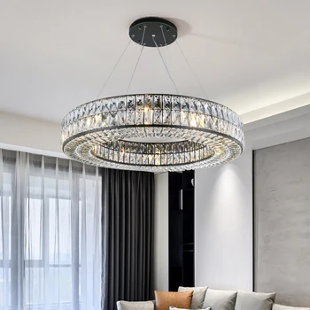 Кръгла led кристален полилей модерен интериор за дневната луксозна окачена лампа на домашна трапезария, спалня черно тавана лампа
