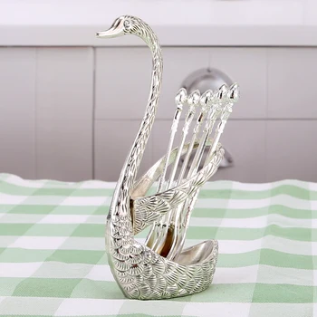 Лека луксозна стойка от сребърни пера лебед набор от съдове и домакински чаена лъжичка десерт посуда кухненски принадлежности украса