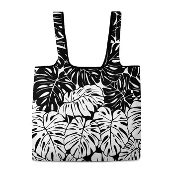 Лесно Сгъваема Чанта За пазаруване с Черно-бели Листа, Лесна чанта за пазаруване за Еднократна употреба, Чанта-Тоут за супермаркет
