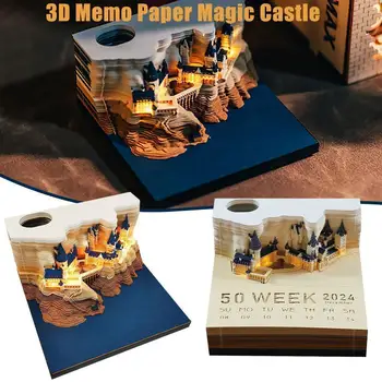 Магически замък 3D Бележник 2024 Календар Бележник за водене на записки Блок Бележки Оригинален Дизайн Хартия, Канцеларски материали Подарък Новост със светлина
