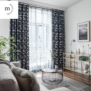 Модерни завеси за хол, трапезария, спалня, тюл с черен принтом в китайски стил, завеси на френски прозорец с проушинами