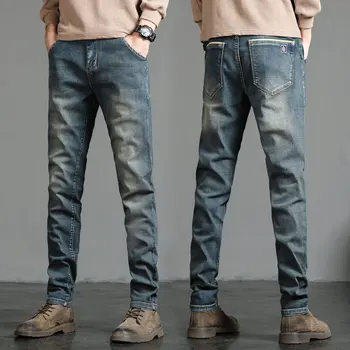 Модерни мъжки дънки 2023 година в стил ретро, директни стрейчевые плътно прилепнали панталони, улични мъжки пролетно-есенни ежедневни дънкови панталони нов приходи D68
