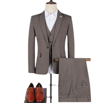 Мъжки бизнес облекло, Якета + Жилетка + Панталон, Костюм от три части, Мъжки Висококачествени Бизнес Блейзери, Най-добър Сватбен Костюм на Младоженеца, Смокинг