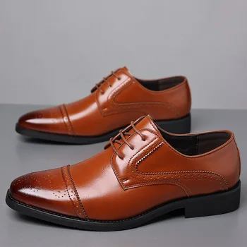 Мъжки класически обувки-броги в ретро стил, Модни мъжки Кожени модела обувки с дантела, Бизнес офис с обувки на равна подметка, Мъжки Oxfords За Сватбени партита, Размери 38-48