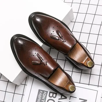 Мъжки Кожени обувки Бизнес Официалната Облекло Пролет Естествена Кожа В Английски Стил Сватбени Обувки С Остър Пръсти За да оформите Ежедневни Черни Меки Bg