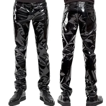 Мъжки кожени панталони, директни латексови панталони Wetlook, Мотоциклетни панталони, Эротичные, секси Панталони от гланц PVC кожа с отворена промежностью с цип