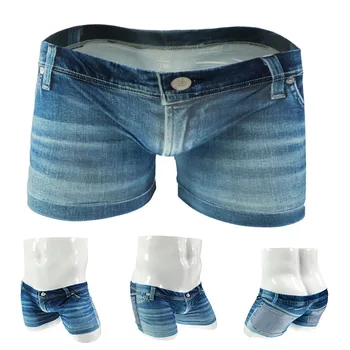 Мъжки къси панталони-боксерки Big Pouch Ice Silk с 3D джинсовым принтом, бельо от изкуствена джинса, гащи-боксерки, бельо за момчета