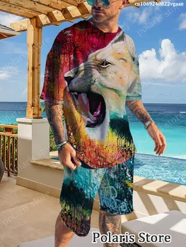 Мъжки летен спортен костюм Lion, тениска King Leo, дрехи за почивка на плажа, комплект от 2 теми, ежедневни спортни дрехи Оверсайз, мъжки дрехи