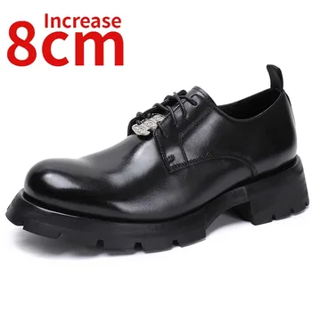 Мъжки Официални Модела Обувки с резба за Мъже, Обувки за Сватба Булката от Естествена Кожа, Уголемени на Дебела Подметка 8 см, Черни Обувки-Дерби