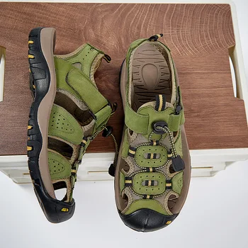 Мъжки сандали от естествена кожа, мъжки летни обувки за шиене без закопчалка, зашити луксозно, 2023, стръмни кафяви мъжки обувки на плоска подметка, обикновен