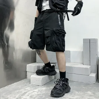 Мъжки черни шорти-карго в стил хип-хоп с обемни джобове, къси панталони в стил пънк стил харадзюку, Бермудски острови Homme