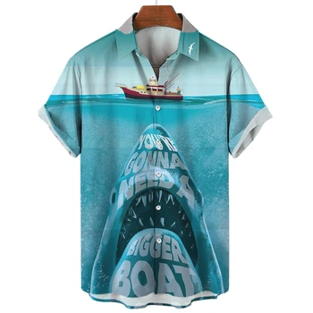 Нова лятна мъжка риза, модни тениски с принтом Акули, забавна тениска, градинска ежедневни дрехи с къс ръкав, Плажна курортна облекло Оверсайз