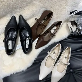 Нова марка Дамски обувки на равна подметка, модни дамски Елегантни балет апартаменти с един колан, обувки Mary Jane, с остри пръсти, със затворена пета кутия.