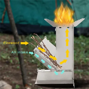 Преносима сгъваема туристическа печка, печка на дърва, Градинска печка на дърва-ракета от неръждаема стомана, Туризъм туристическа палатка