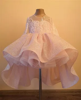Розова детска рокля на шаферка за момичета с цветен модел, дантелено рокля от тюл с цветен модел, елегантни рокли за сватбени събития