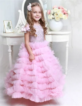 Рокля с цветя модел за момичета, Розово Многослойно Тюлевое Дантелено Сватбена рокля с цветя модел за Първата Евхаристия дете, рокля за парти в чест на рождения ден, подарък за момичета