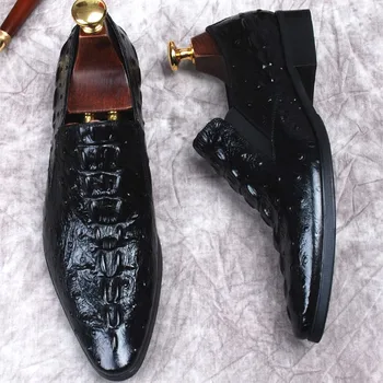Ръчно изработени обувки от естествена телешка кожа, мъжки официални сватбени модела обувки с шарките на крокодилска кожа, лоферы, оксфордские обувки с остър пръсти
