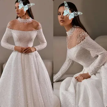 Скромно бална рокля с дълъг ръкав, сватбени рокли за младоженци трапецовидна форма, прозрачно дантелено рокля с висока врата и аппликацией от пайеток, плюс Размер на Жената е често срещано рокля