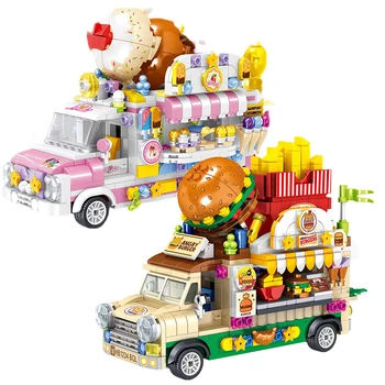 Технически Мини-камион с храна за сладолед, Хамбургски автомобил, Градивни елементи, на Модел с изглед към улицата, Кола за къмпинг, Монтаж на Тухли, Играчки, подаръци за деца
