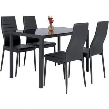 Трапезария апартамент BOUSSAC от 5 теми, трапезна маса от закалено стъкло с 4 стола, черен