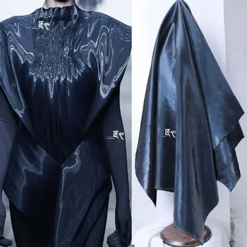 Тъмно синя кожена неэластичная тъкан с ефект на паметта, гладък огледално покритие, изкуствена есенно-зимни ветровка, дизайнерски плат за костюми