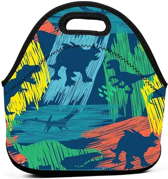 Тъмно синя неопреновая чанта за обяд с динозавром, изолирано Термостойкая множество чанта-хладилник за обяд, чанта-тоут за пикник за момчета и момичета, юноши