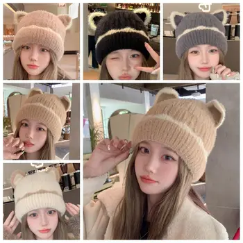 Утепленная шапчица с кошачьими уши, скъпа универсална топло вязаная шапчица в корейски стил Ins, шапки с кошачьими уши за момичета