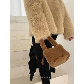 Уютен двустаен руното чанта-тоут, Елегантна в есенно-зимната стилна мека космати чанта през рамо, топло моден аксесоар