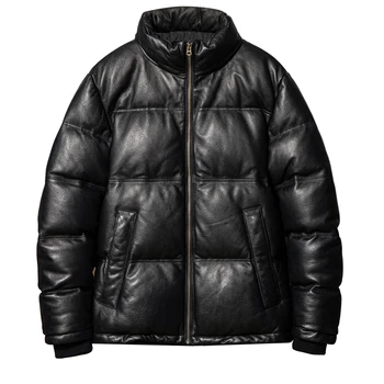 Черна Зимна Кожена пуховик Мъжки Всекидневен стил Плюс Размер 5XL От естествена дебела агнешка кожа, топло палто от естествена кожа