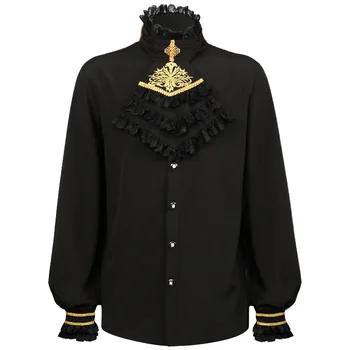 Черни дантелени яка с бродерия на яката-часова, ръкави-фенери, мъжки Средновековна Викторианска топ, Реколта дрехи, риза в стил Steampunk и готик