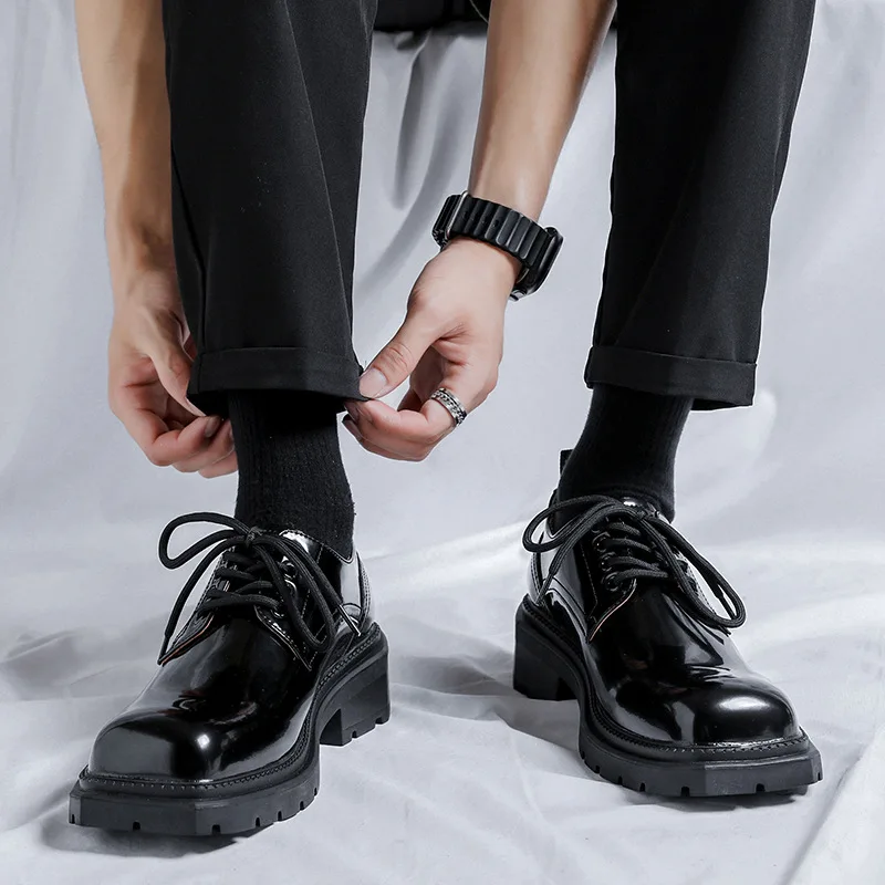мъжки модни обувки от лачена кожа, маркови дизайнерски oxfords с квадратни пръсти, обувки за парти, банкет рокля, черна стилни обувки на платформа, мъже - 1