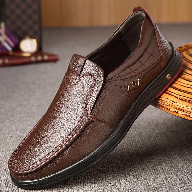 Мъжки обувки от телешка кожа голям размер, обувки на средна възраст, бизнес и ежедневни нескользящая обувки-боб, мъжки кожени обувки, мъжки ежедневни обувки - 2